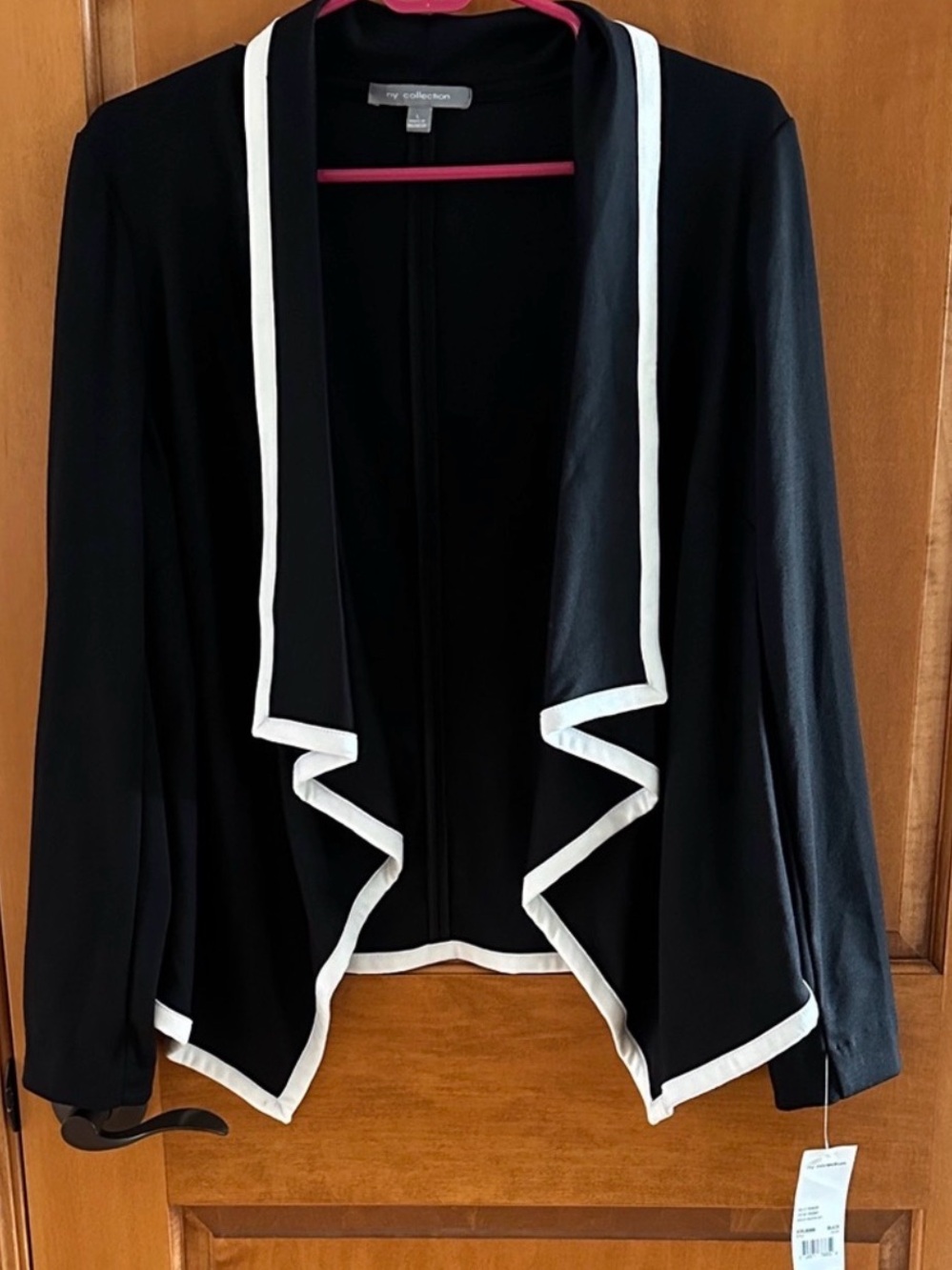 NY Collection Open Front Cardigan Jacket Black White Trim Blazer Cardigan NWT L